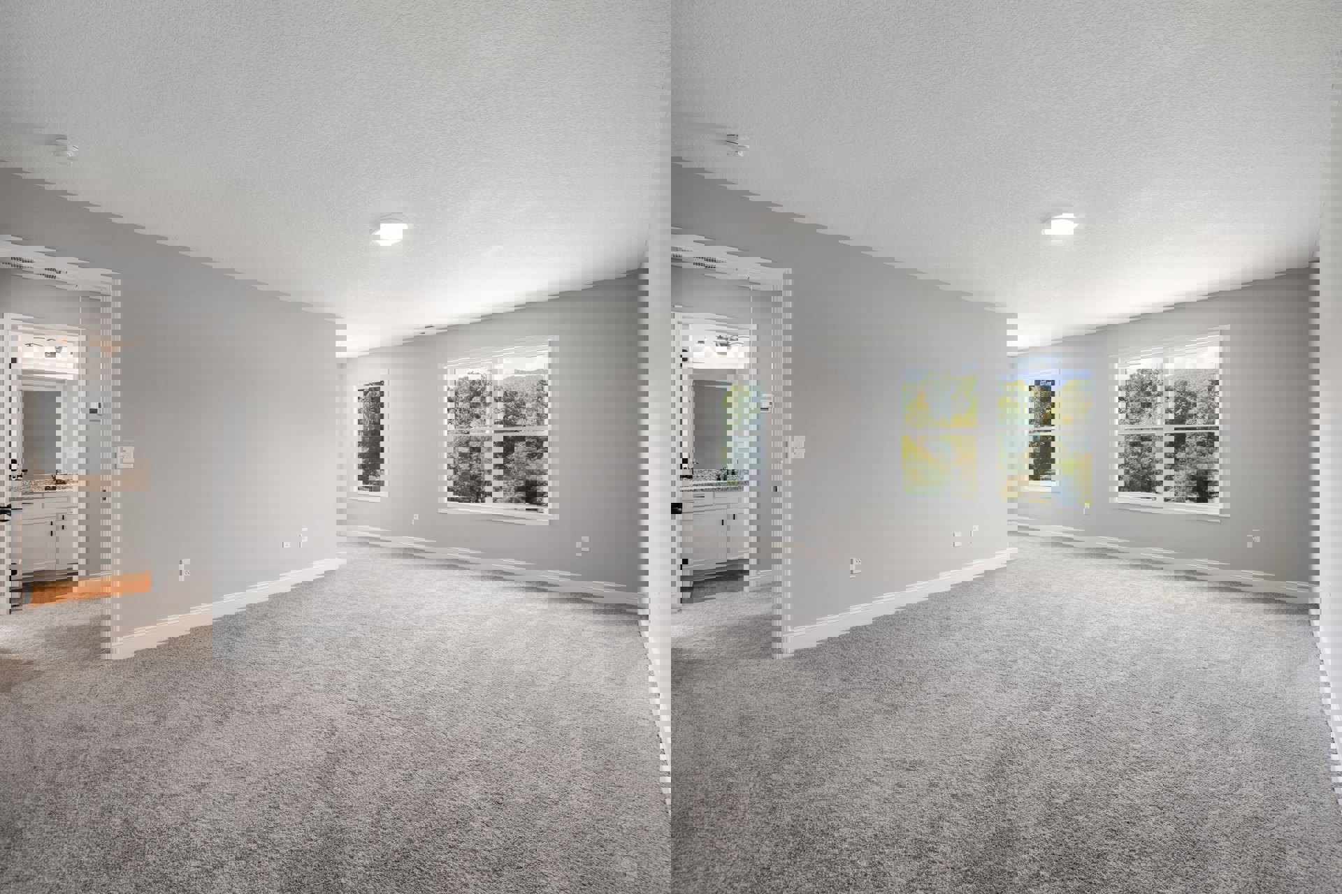 Carpeted room with white walls, large windows overlooking leafy trees, marble bathroom countertop visible in background