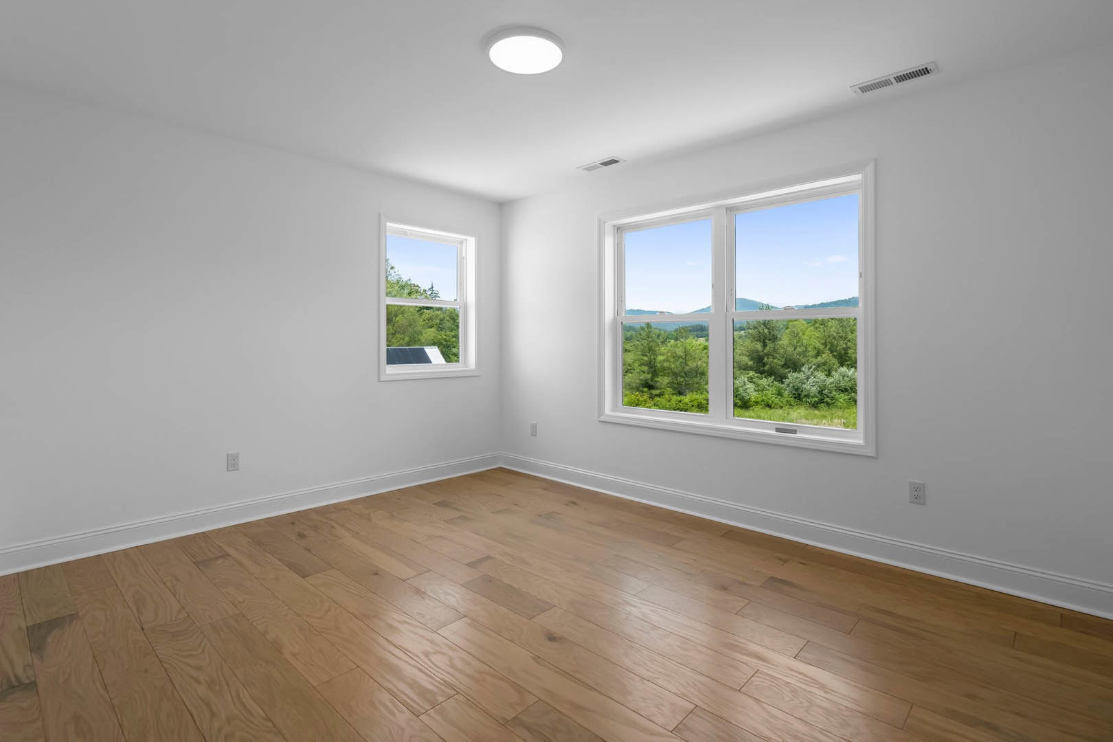 Spacious room with light wood flooring, large windows framing views of trees and distant mountains, white ceiling with recessed vent and modern light fixture