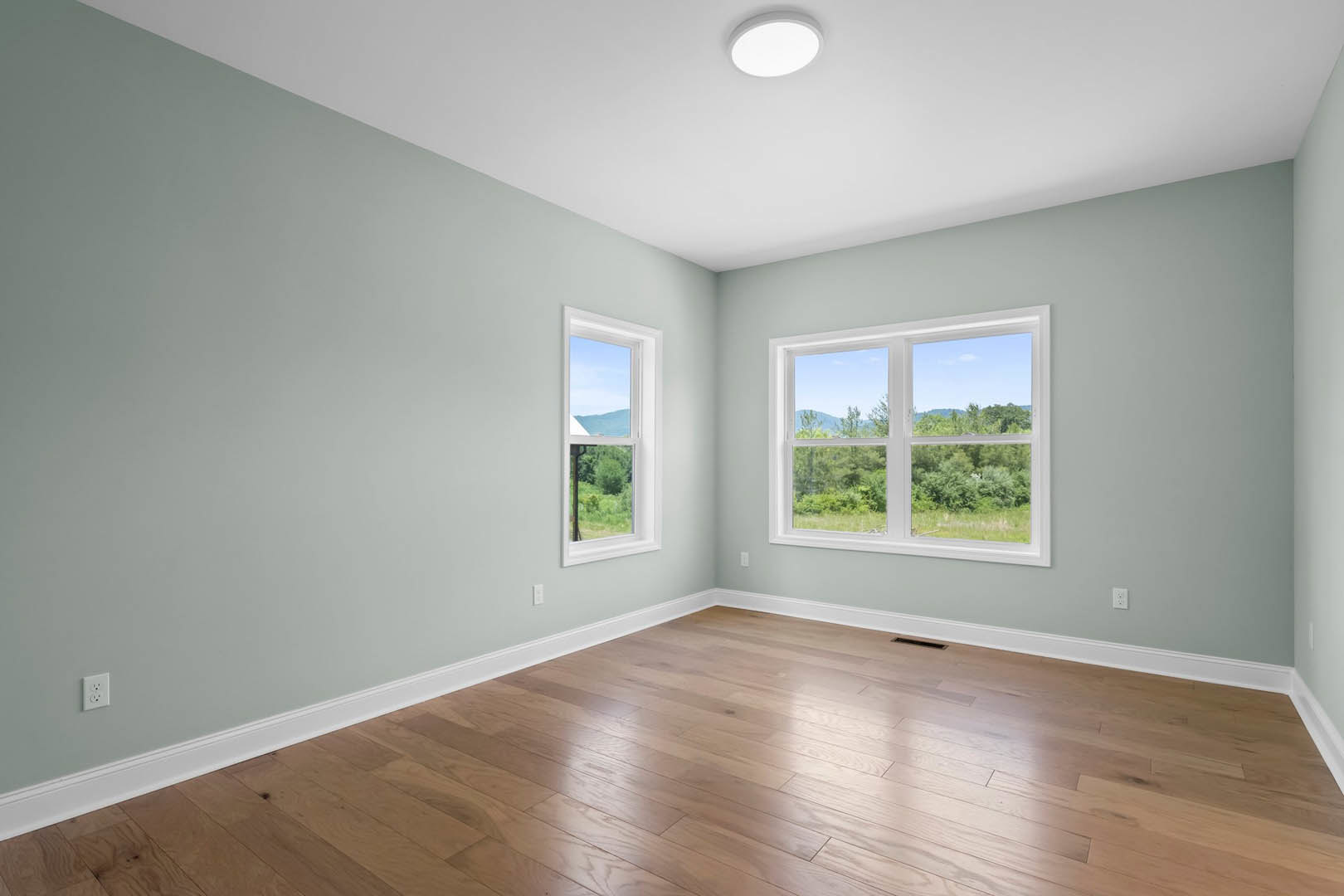Spacious room with hardwood flooring, large windows framing mountain views and blue sky, white ceiling with modern light fixture