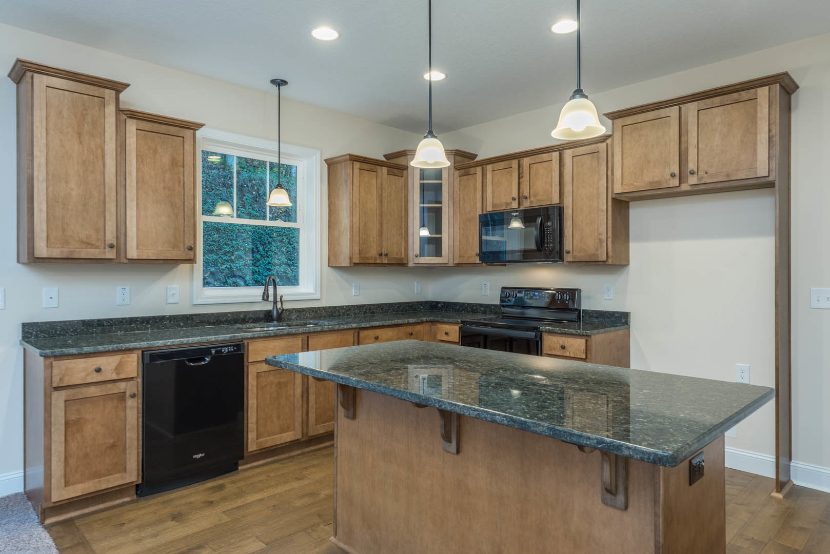 Kitchen featuring granite countertops, black dishwasher with handle, black stove and microwave, brown wall, window above double sink, cabinetry, and pole-mounted light fixture.