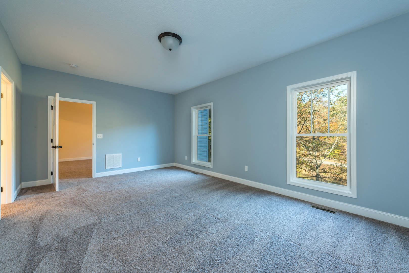Carpeted room with light blue walls, ceiling light fixture, window featuring blue shutters and view of trees outside