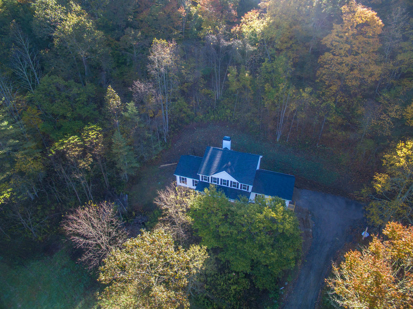 Two-story custom home with stone chimney, gray siding, and large windows, nestled among mature trees with orange autumn leaves.