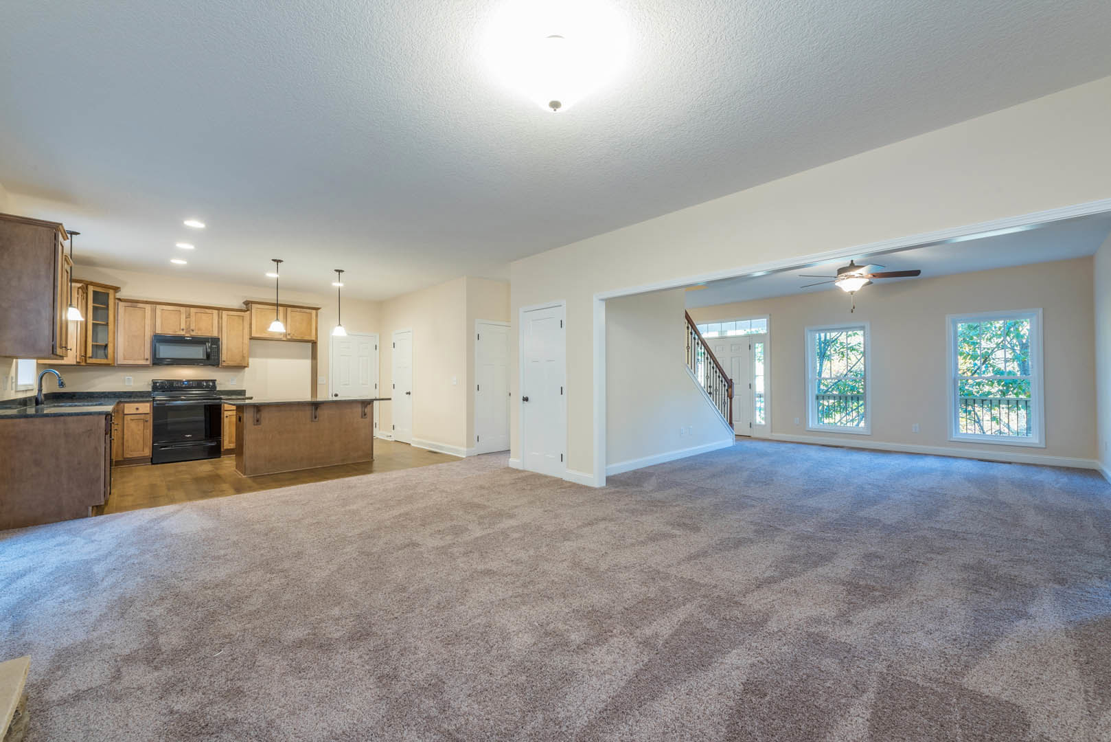 Carpeted living room adjoining kitchen with dark appliances, white-framed window, white railing, and light cabinetry