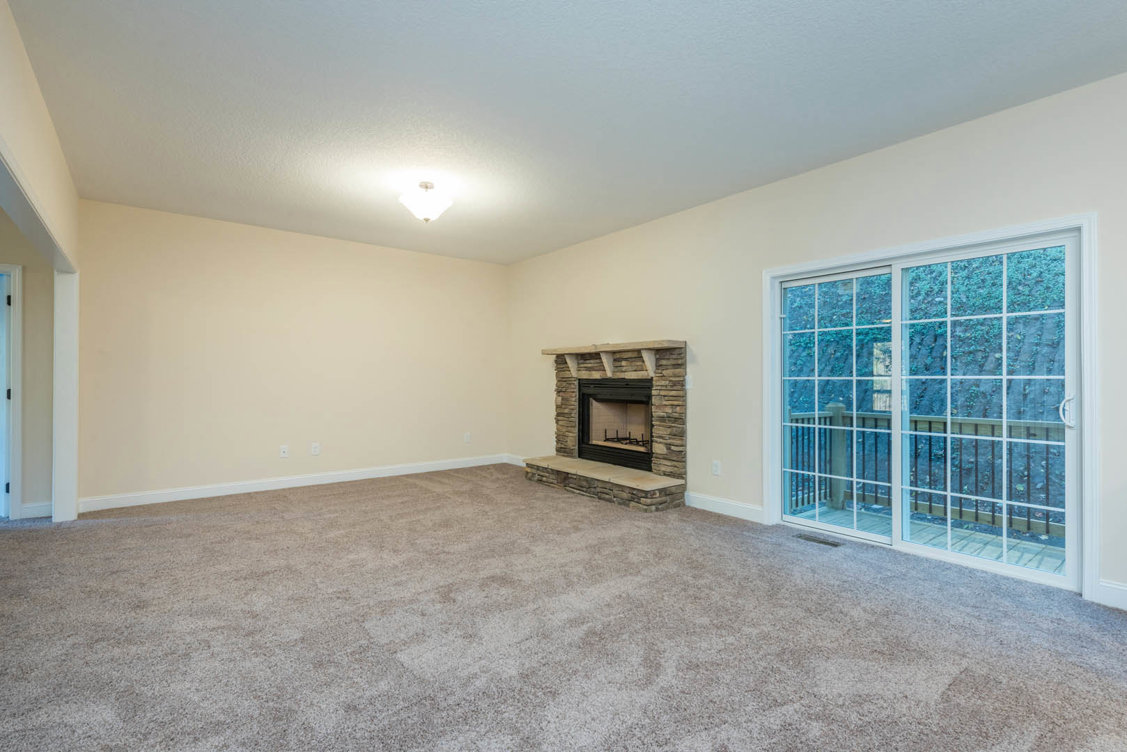 Carpeted living room featuring a stone fireplace, sliding glass door, plaster walls, and ceiling light fixture