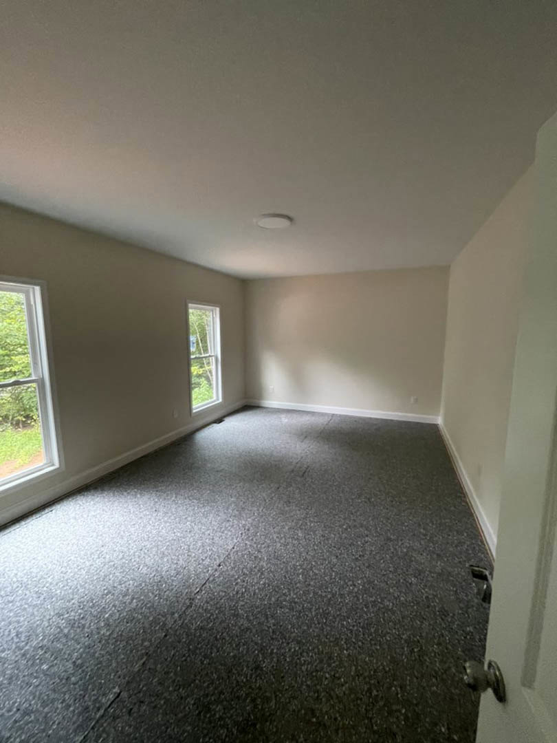 Bright carpeted room with large windows, white window frames, sheer curtains, and a view of green trees outside