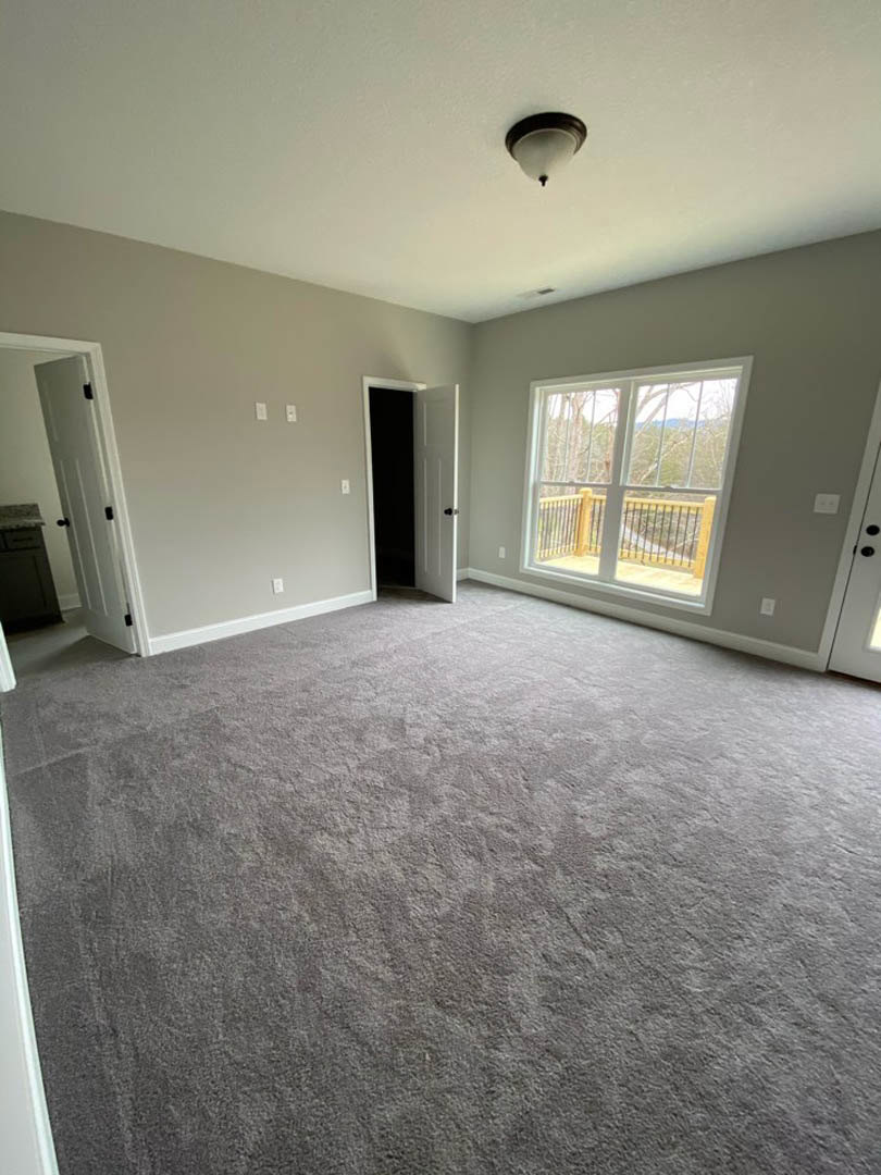 Carpeted room with white walls, black cabinet and drawer, white door with black knobs, large window with railing and view of trees, close-up of modern light fixture on ceiling