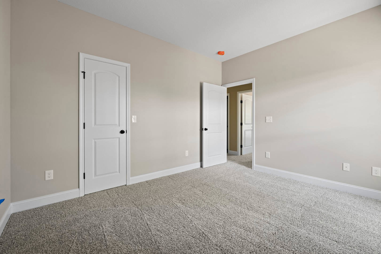 Carpeted room with two white paneled doors featuring black knobs, white walls, and ceiling molding
