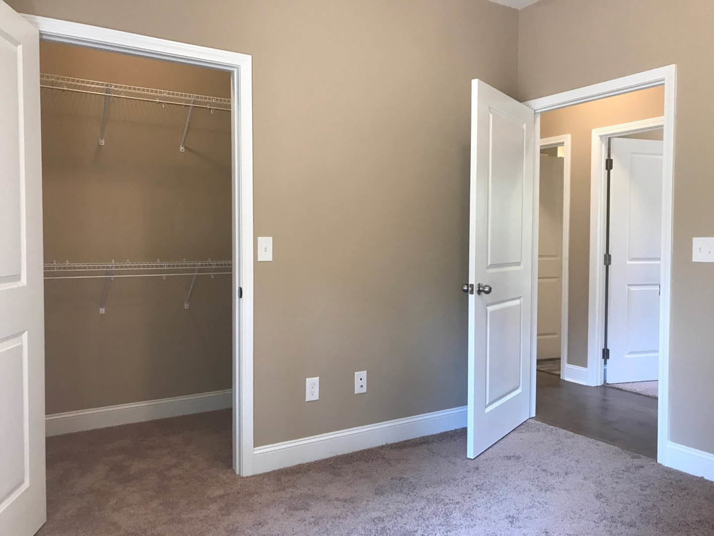 White closet door with black handle open to reveal built-in shelves, beige carpet flooring, and smooth plaster walls in a residential room.