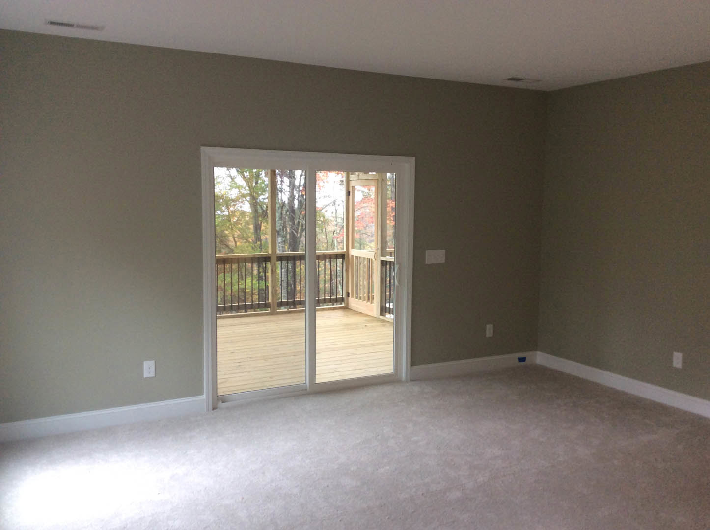 Carpeted room featuring a sliding glass door opening onto a wooden deck, with metal railing visible outside