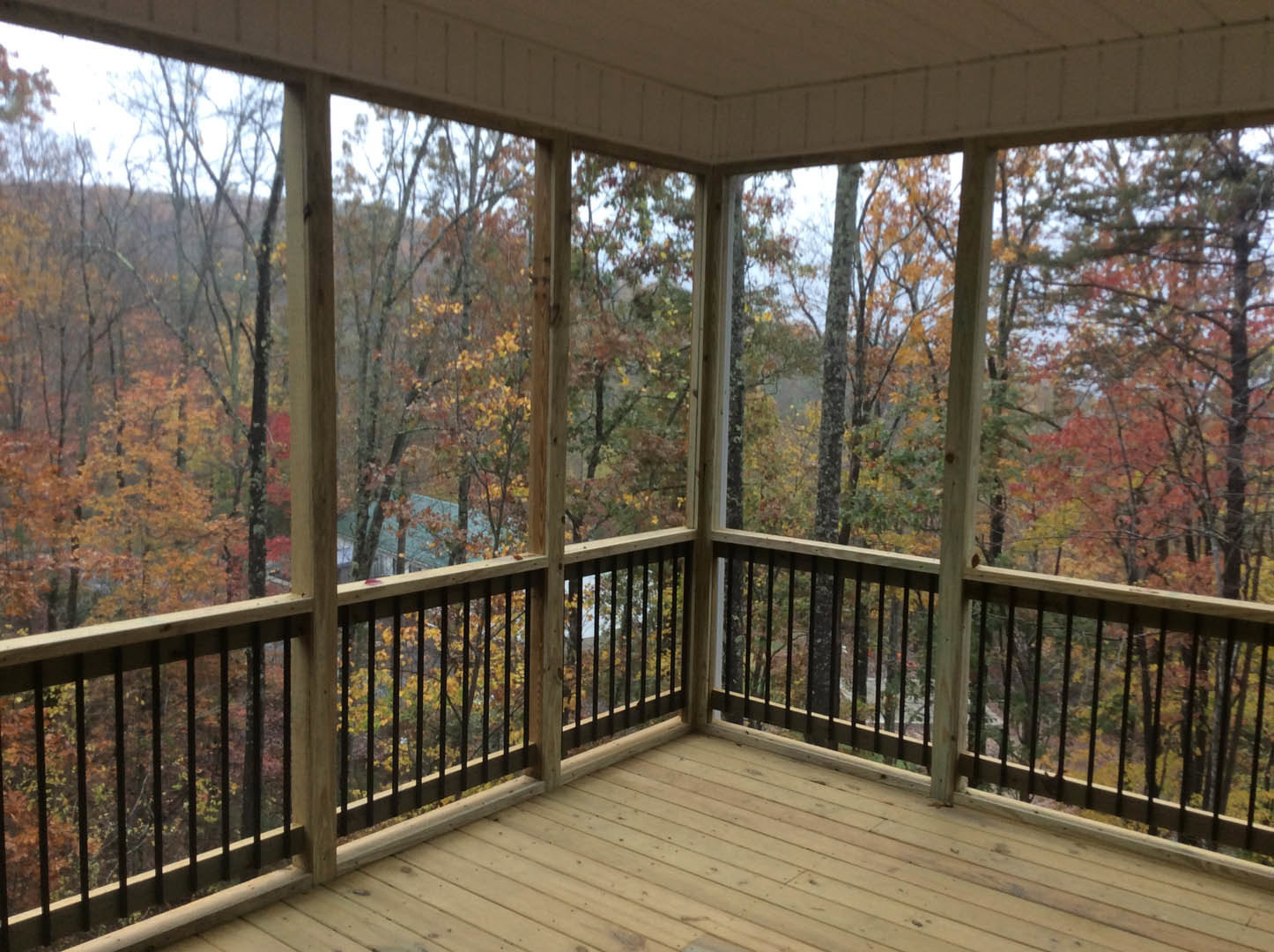 Wooden deck with black metal railing, white ceiling, large window, and trees in the background during autumn