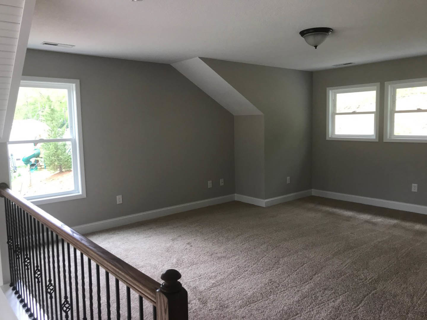 Carpeted room with white-framed windows, metal railing, and ceiling light fixture; trees visible outside.