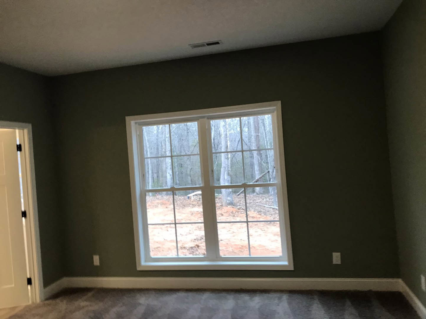 Carpeted bedroom with large window, white walls, and view of trees outside