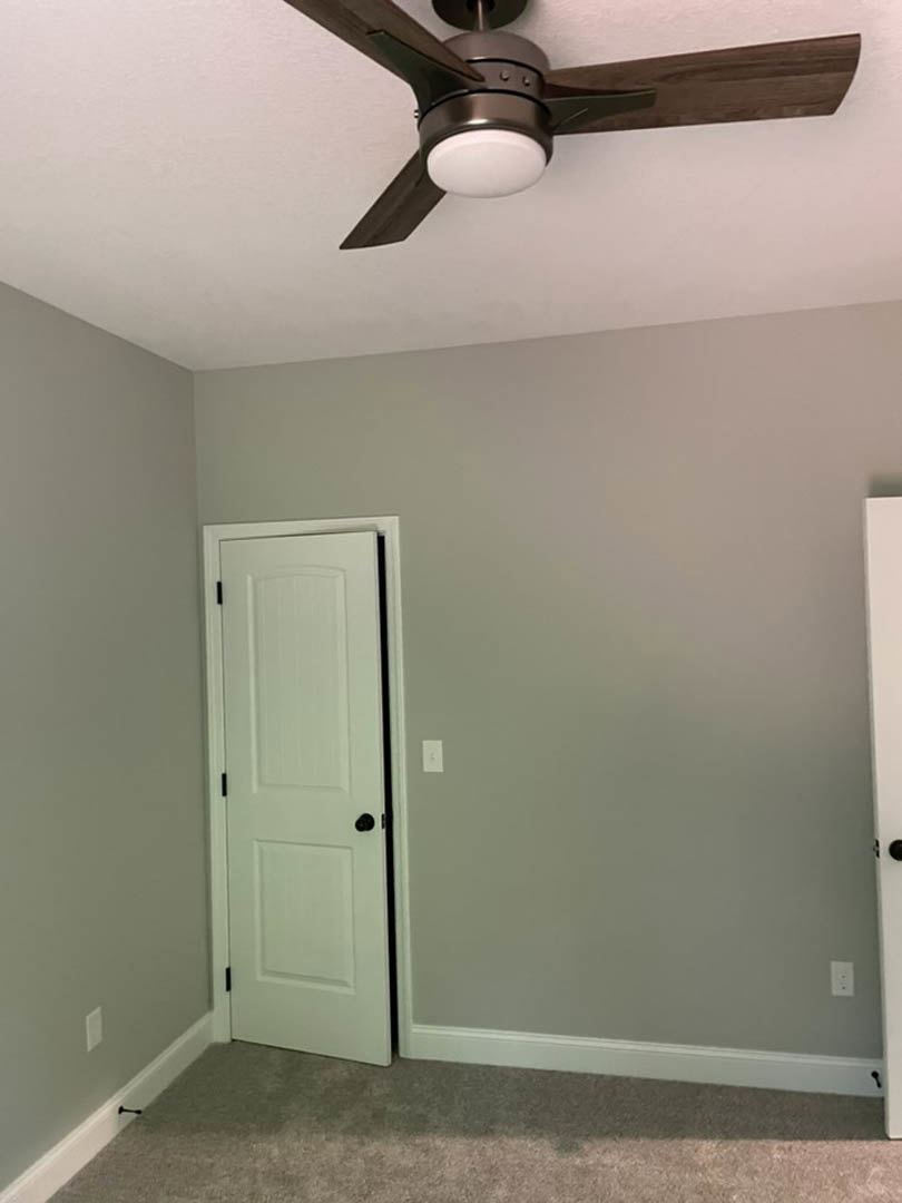 Ceiling fan with integrated light fixture mounted on white plaster ceiling above carpeted floor, white paneled door visible in room