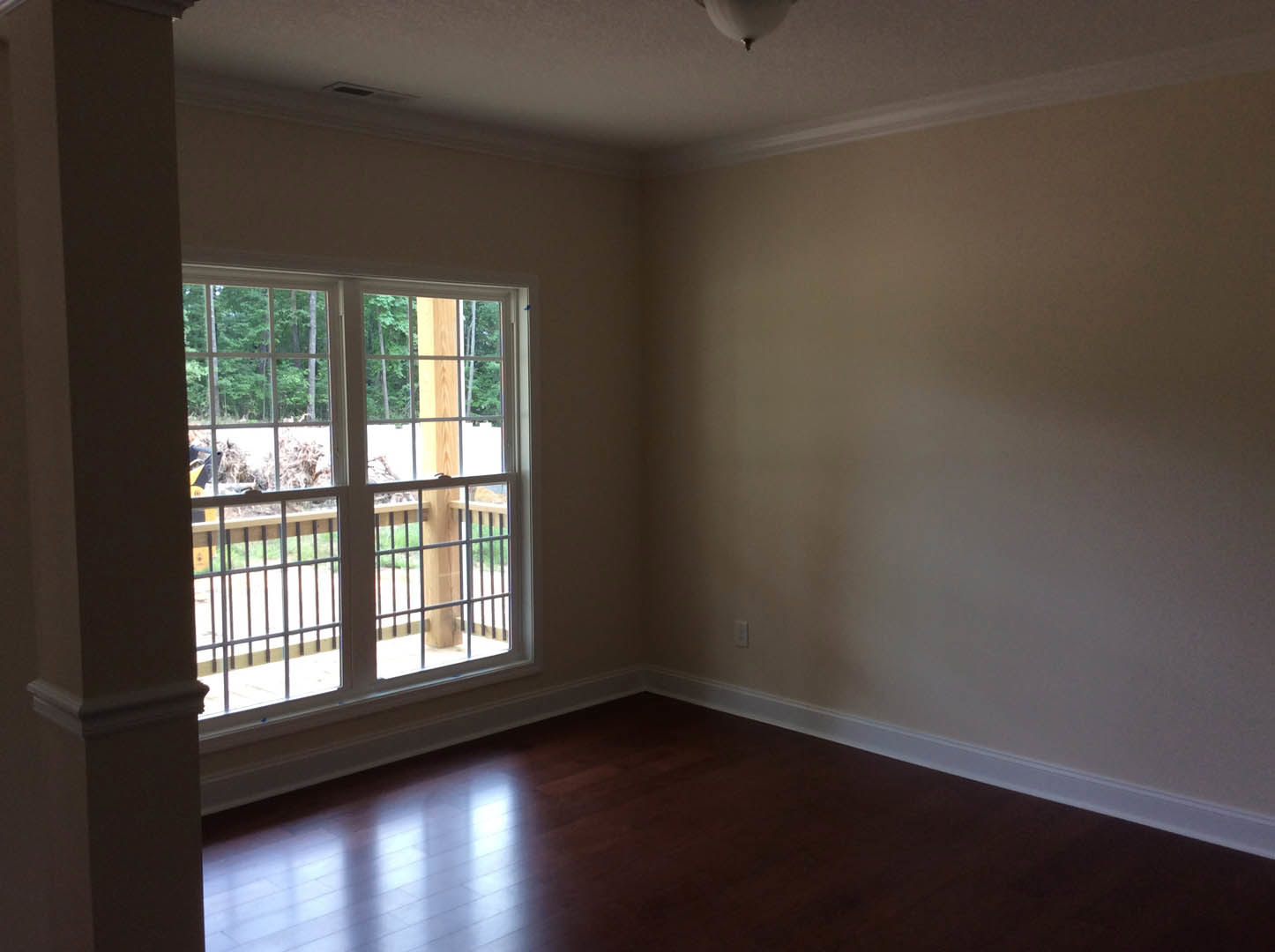 Sunlit room featuring dark wood laminate flooring, white baseboards, and a large window with a railing overlooking leafy trees.