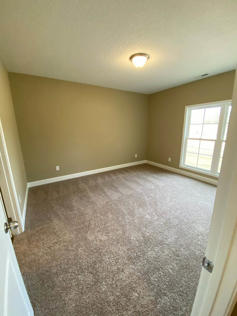 Carpeted room with white-framed window, ceiling light fixture, and close-up of brushed metal door knob