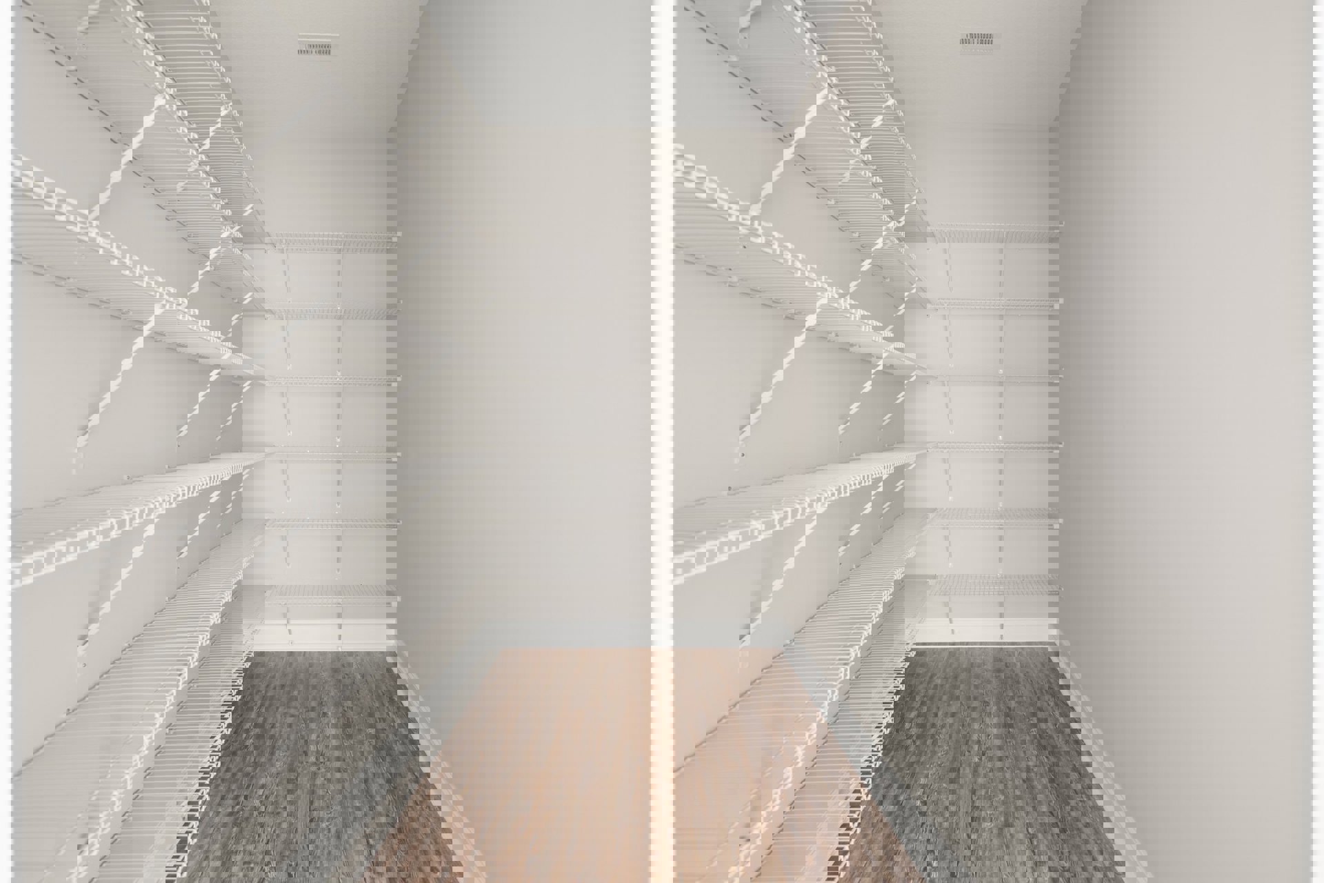 Empty closet with white shelves, wood flooring, and white plaster walls
