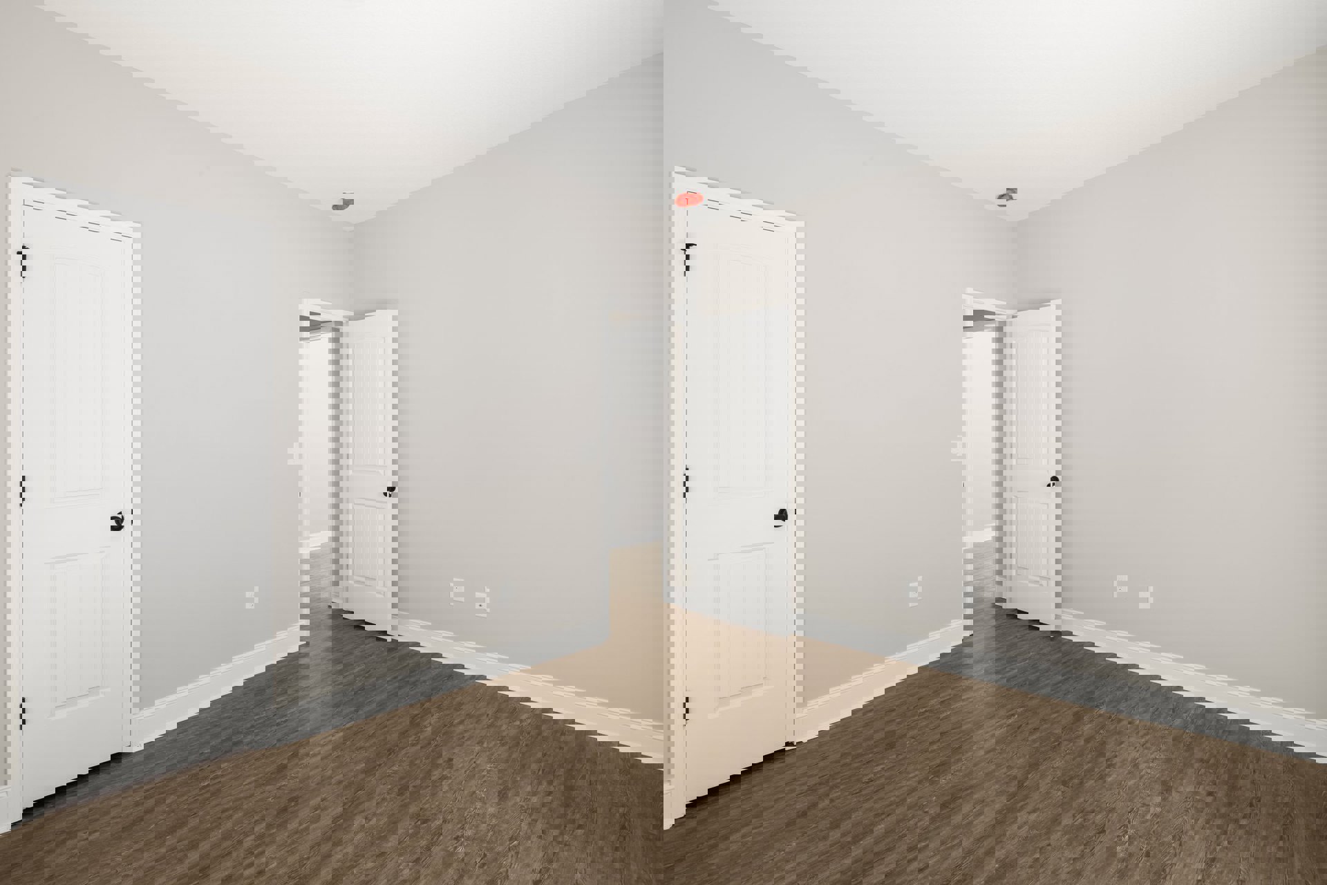 Wood floor with white baseboards, multiple white doors featuring black knobs, white paneled cabinet door, person standing near a white wall