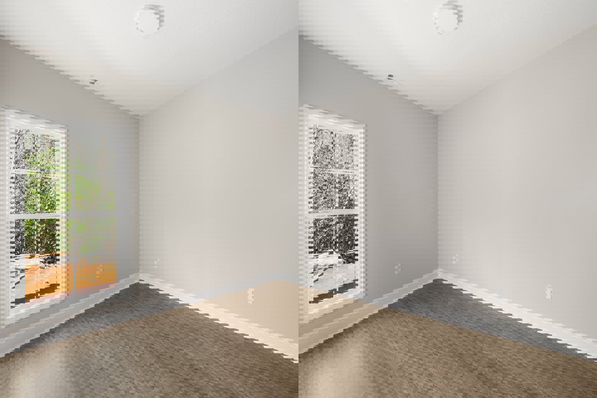 Sunlit room featuring wide wood plank flooring, white plaster walls, large window with white frame overlooking trees, round ceiling light fixture, and minimal decor.