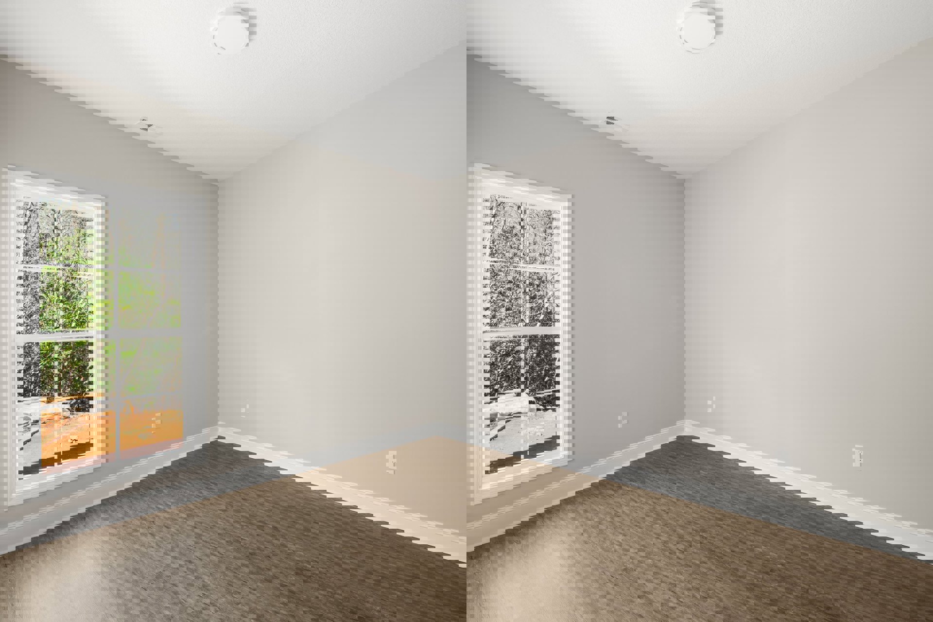 Sunlit room with large window overlooking trees, wood flooring, white walls, white ceiling, and round ceiling light fixture