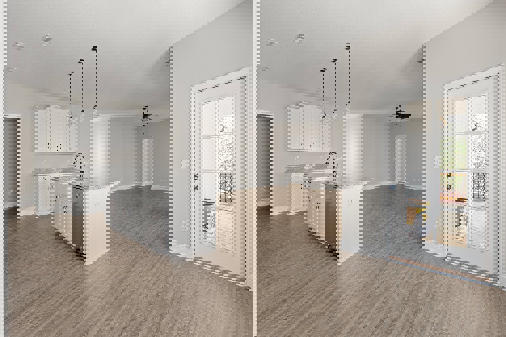 Open kitchen and dining area with wood flooring, white cabinetry, stainless steel dishwasher, glass-paneled door, ceiling vent, and shelf above cabinets.