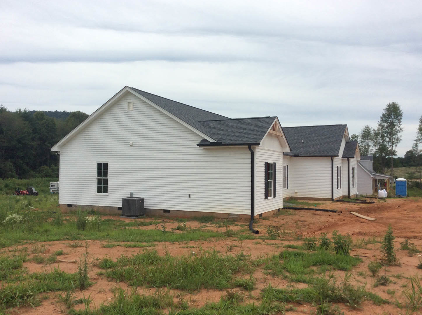 White house with black roof, minimal windows, black utility box near entry, grass lawn, cloudy sky, blurred plant in foreground