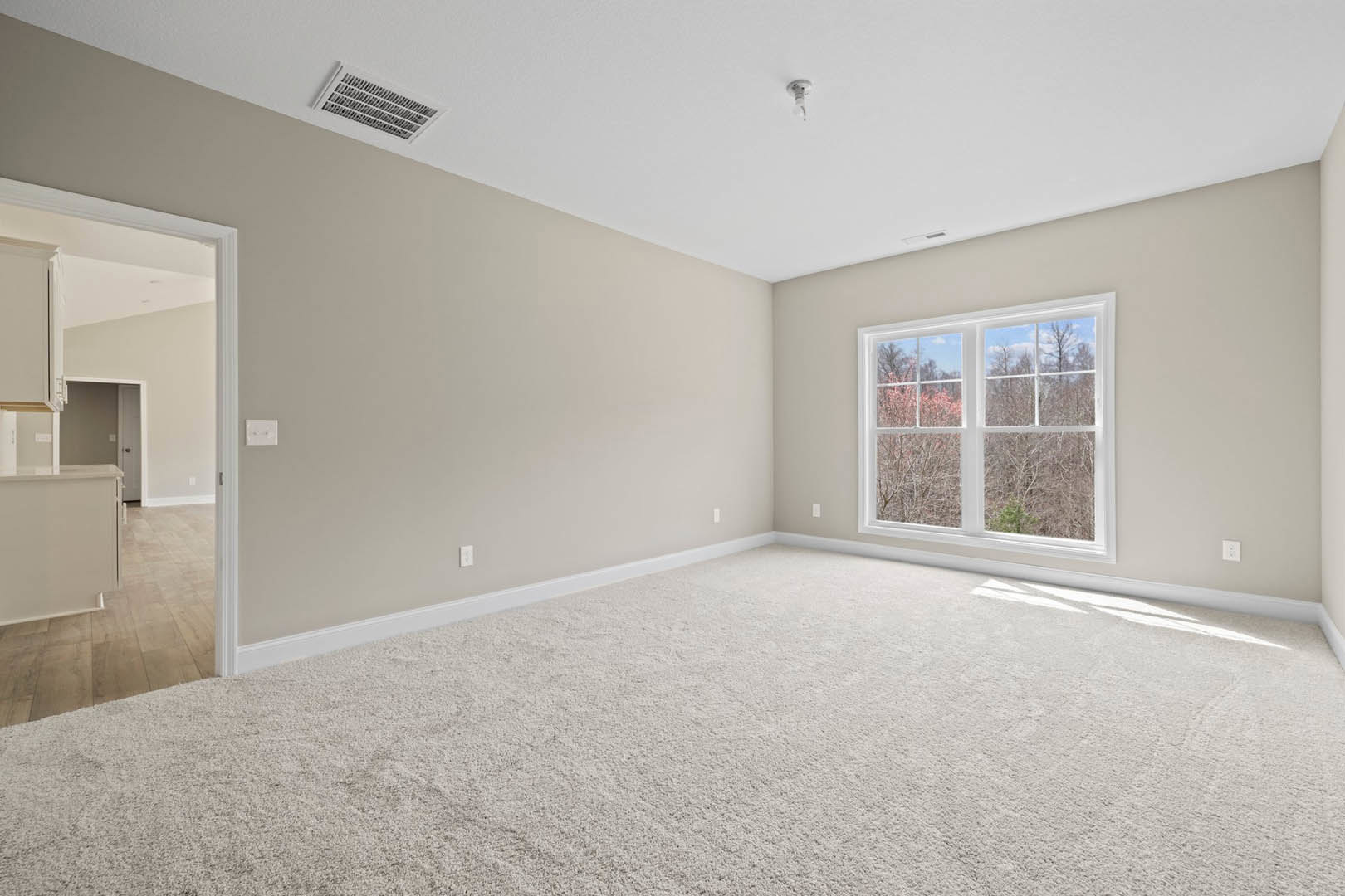 Bright room with white carpet, large window overlooking trees, white walls, ceiling vent, and silver wall fixture