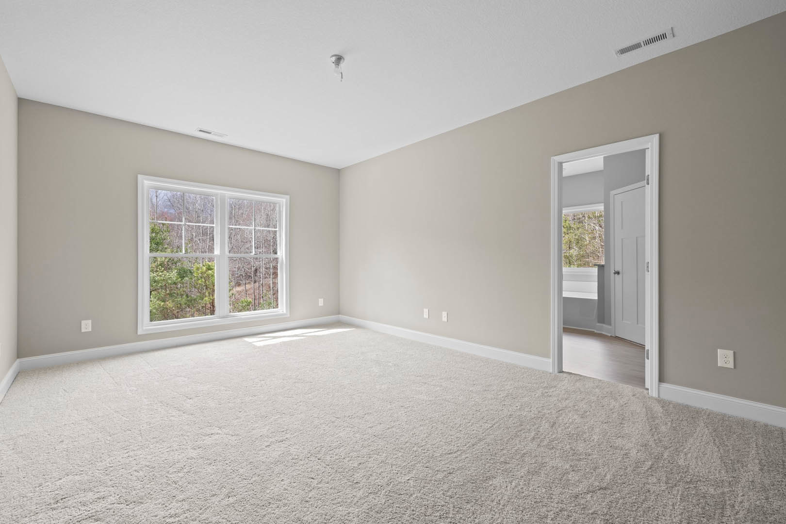 Bright room with white carpet, open white door, large window showing green trees, light bulb on smooth ceiling, pale walls with simple molding