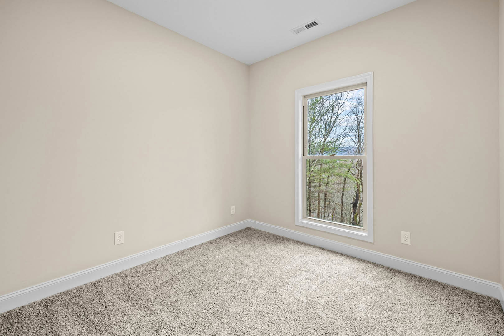 Carpeted room with white walls, large window overlooking trees, white ceiling with corner molding, rectangular vent near floor.