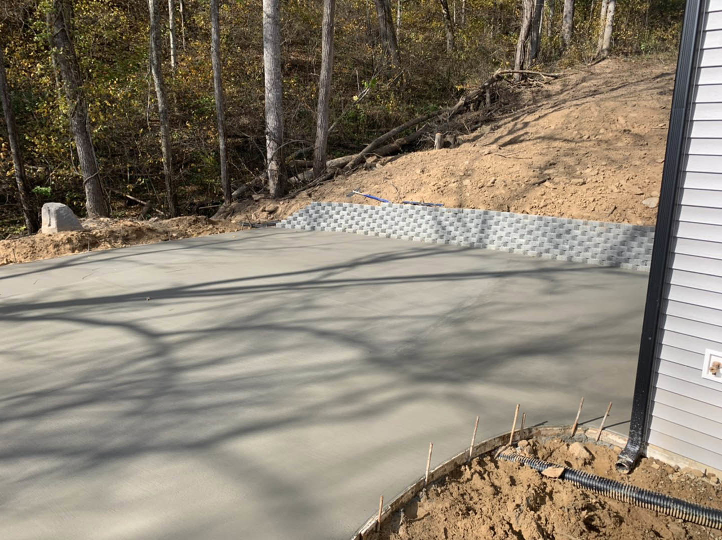Concrete slab surrounded by forest trees, grey cement wall and metal fence, large rock on dirt, close-up of tree trunk, grey brick wall casting shadow, window detail