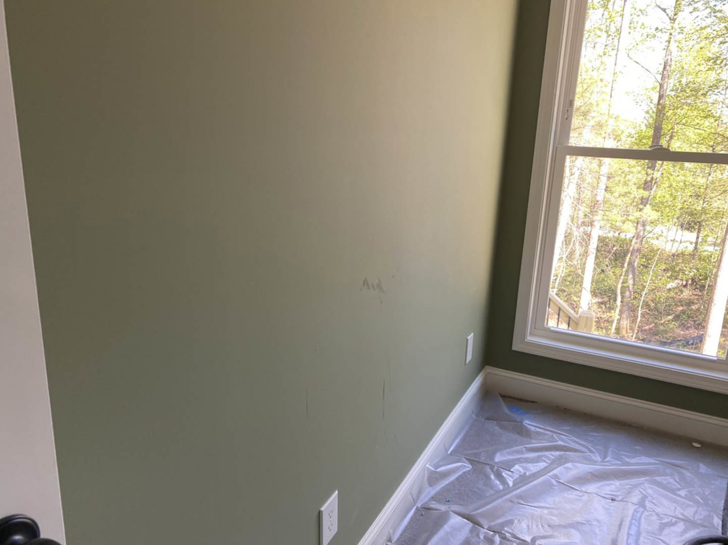 Green accent wall with white paint partially applied, plastic sheet covering hardwood floor, large window overlooking leafy forest, white electrical outlet visible on wall