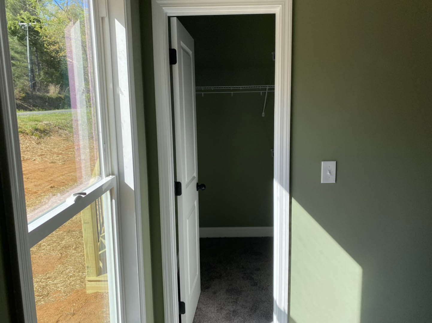 White paneled closet door with chrome handle, dark carpeted floor, light switch on adjacent wall, window showing street light outside
