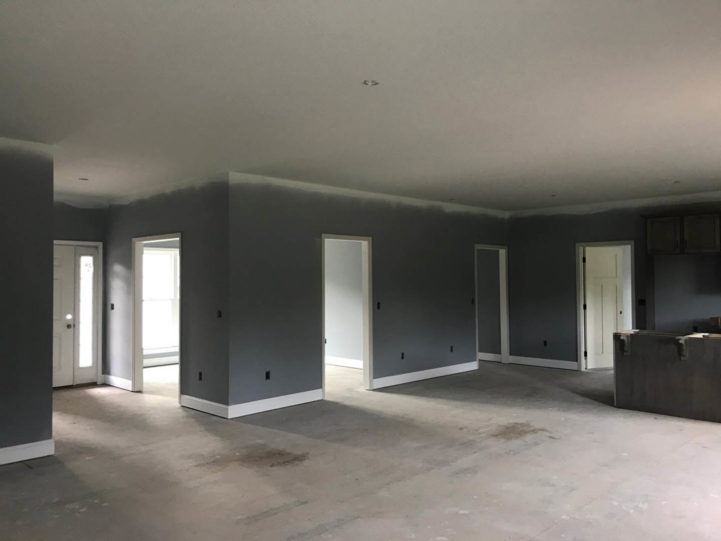 Gray accent wall contrasts with surrounding white walls, white door with black handle, concrete floor with white trim, window close-up, natural light streaming through door.