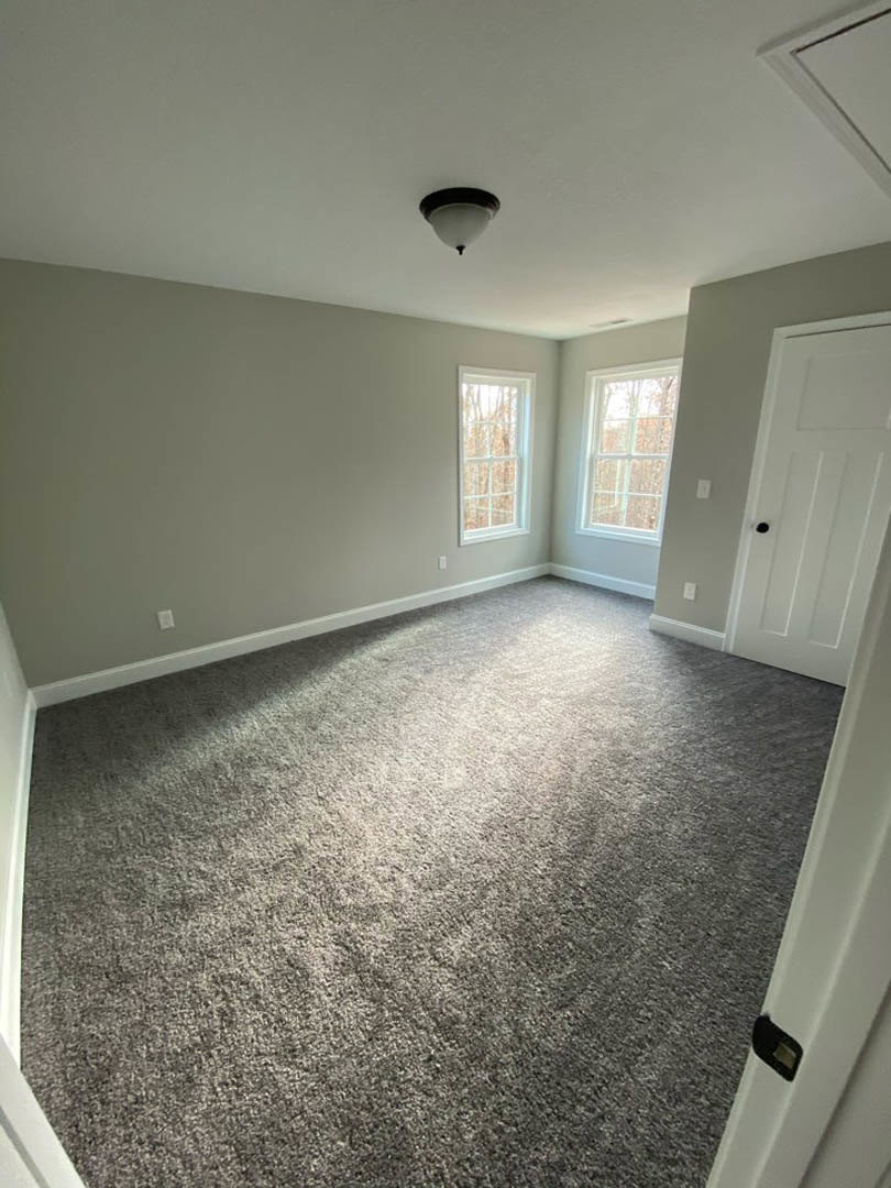 Corner bedroom with light gray carpet, two white-framed windows, white walls, white door with black knob, and ceiling-mounted light fixture