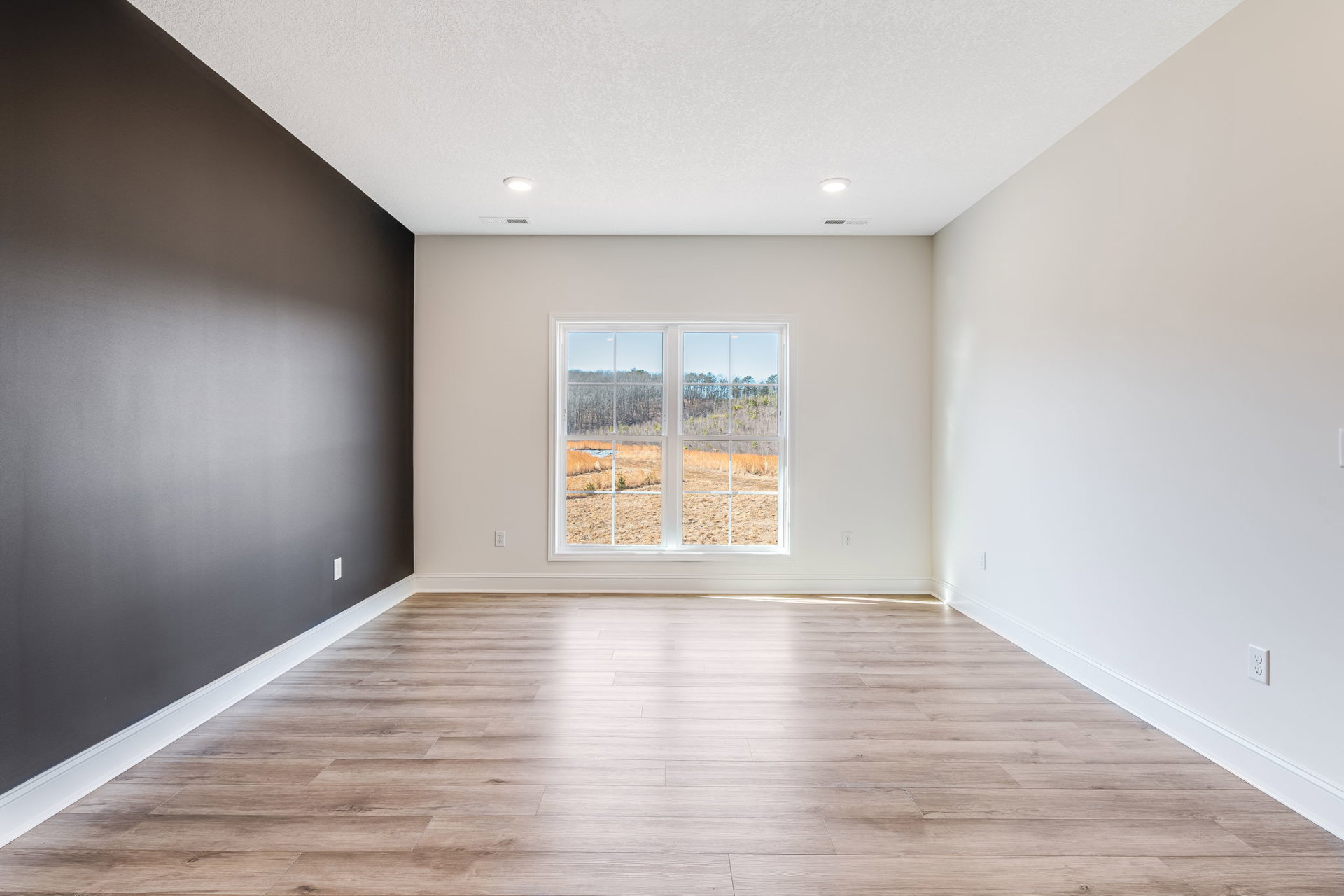 White-walled room with light wood flooring, large window overlooking a field with dry grass and trees, white baseboard along the wall.