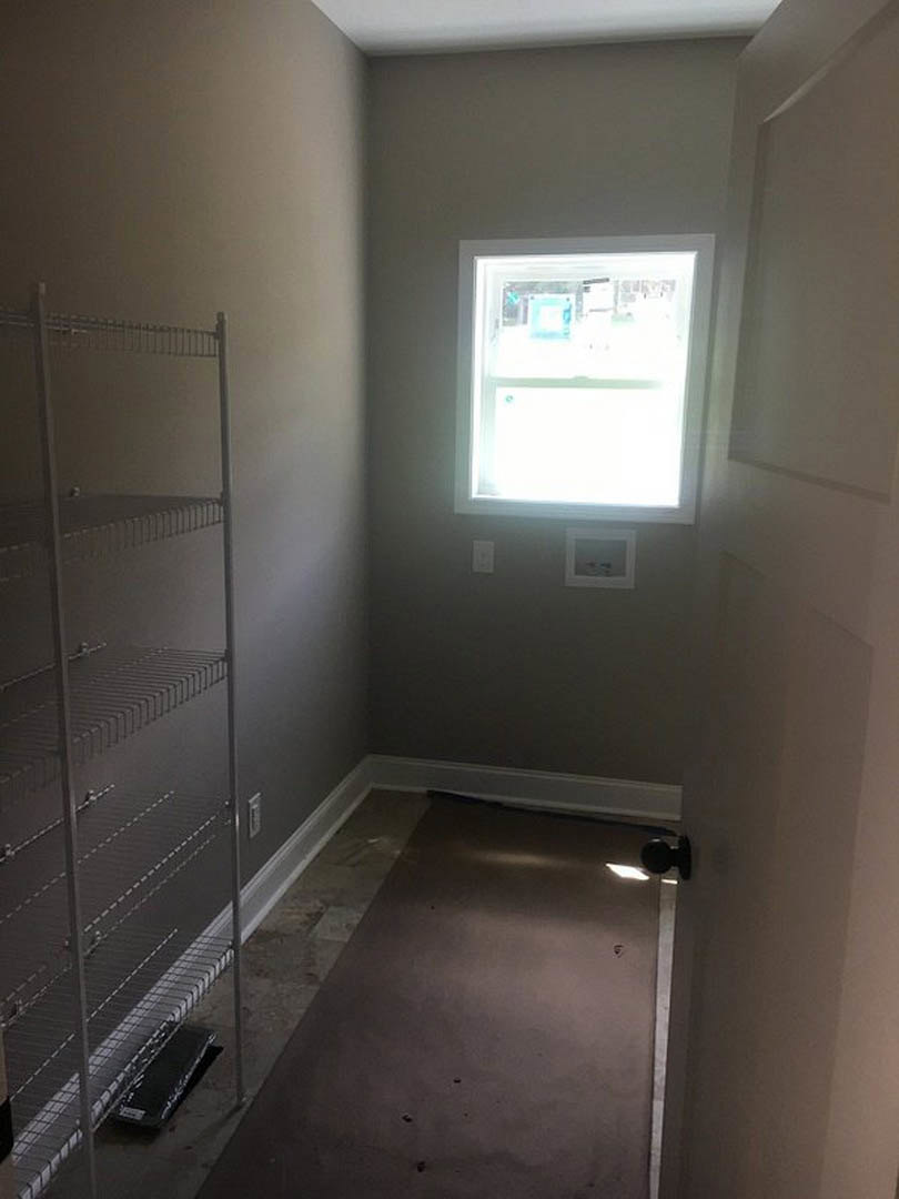 Bright room with white-framed window, metal wire shelf, neutral carpet flooring, and plaster walls.
