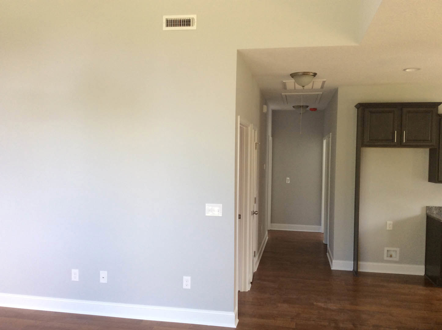 Hallway with white walls and hardwood floors, multiple square windows, small candle in a white square frame, white electrical outlet, view into kitchen with white wall, close-up of