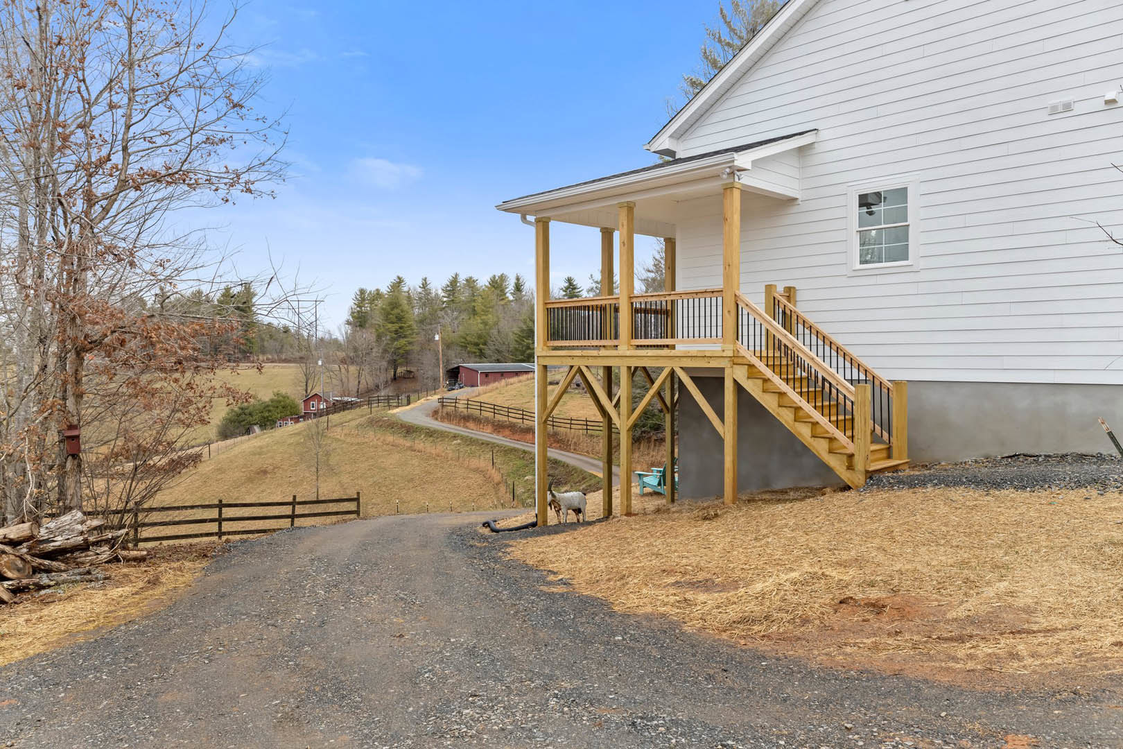 Two-story home with covered front porch, wooden stairs, concrete driveway, autumn tree with brown leaves, white goat grazing near fence, close-up window detail