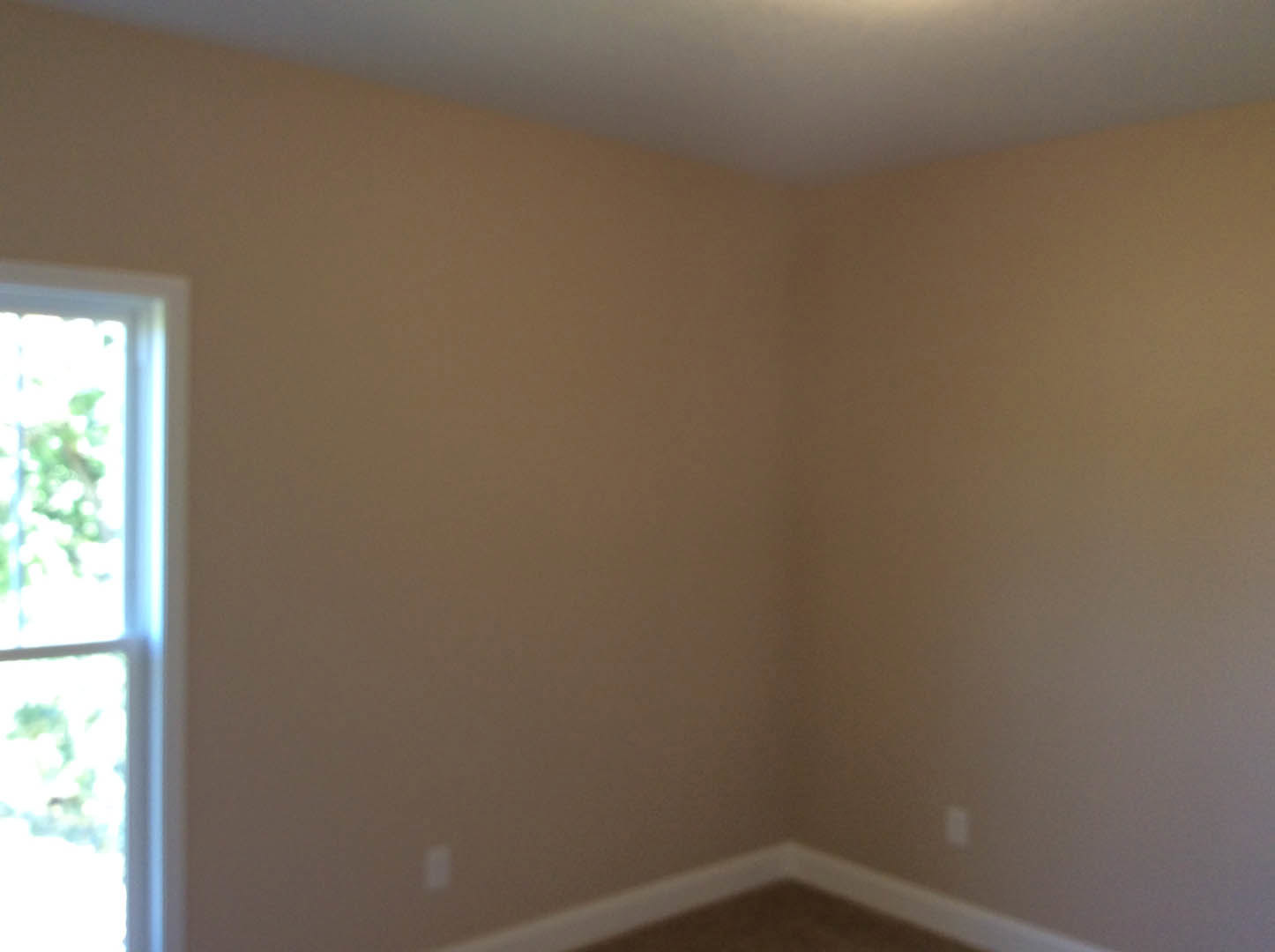 White plaster walls and ceiling with crown molding, recessed light fixture in the corner, closed door, and blurred window in a residential interior.