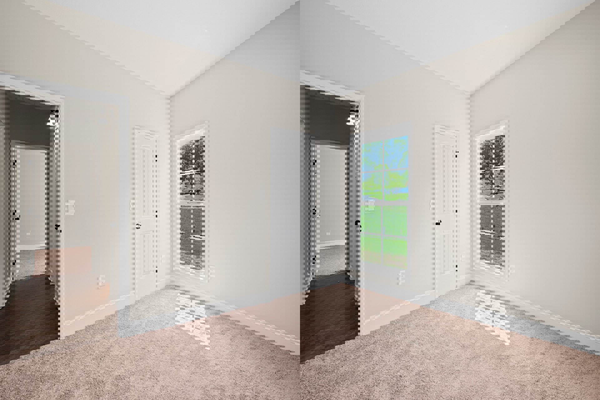 White door with black knob and window overlooking a field and neighboring house, white light switch on wall, soft light illuminating beige carpet flooring, plaster walls with