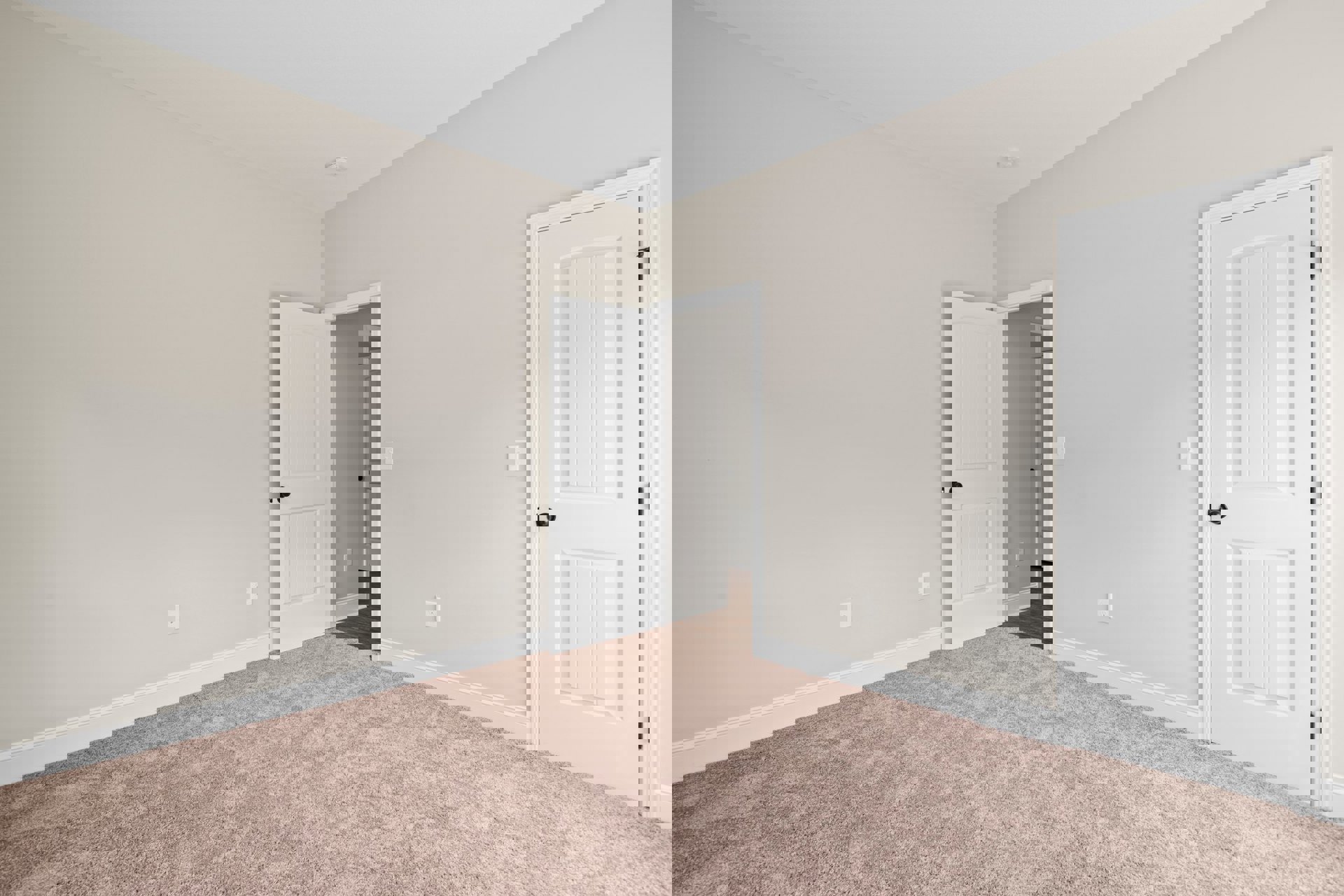 Carpeted room with white walls, two white doors featuring black knobs, and a smoke detector mounted on the ceiling