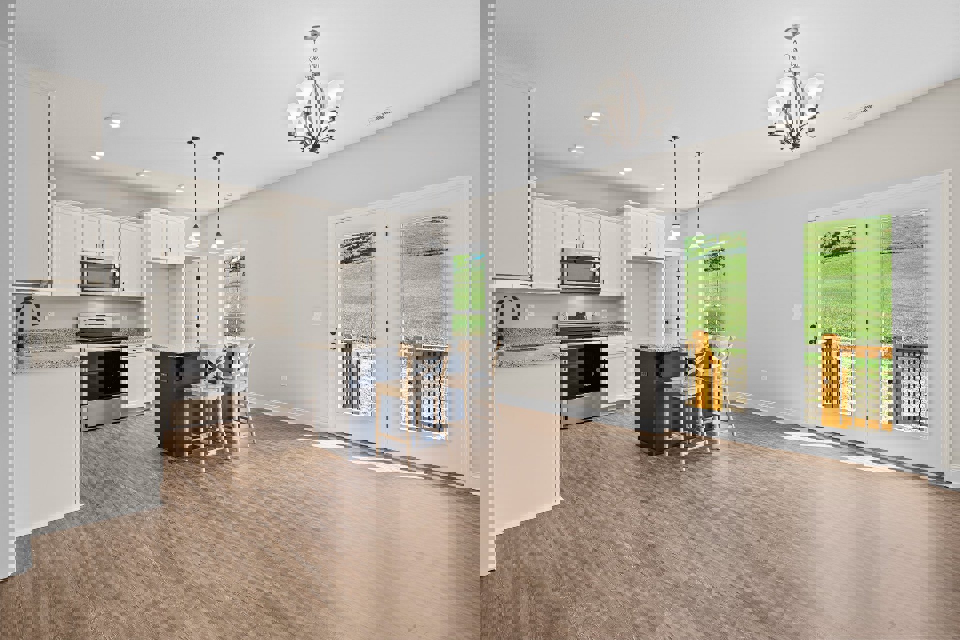 Open kitchen and dining area featuring wood flooring, white cabinetry with black handles, stainless steel stove, wooden stools at the island, a wooden chair against the wall, and a