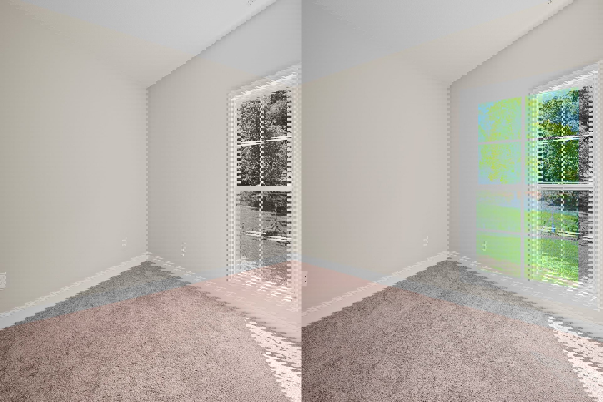 Carpeted room with white walls, large window overlooking green lawn and trees, plaster ceiling