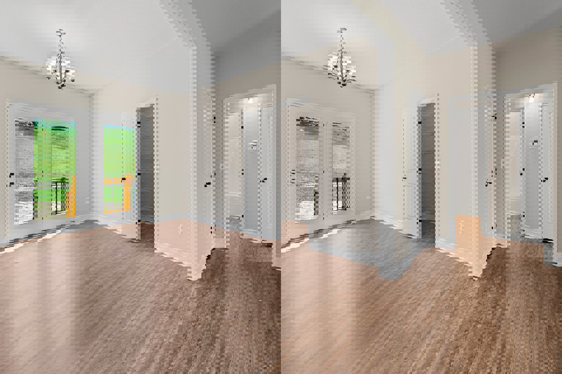 Open doorway leading to a room with hardwood flooring, glass doors overlooking a fenced grassy field, five-light chandelier, and white refrigerator with shelves