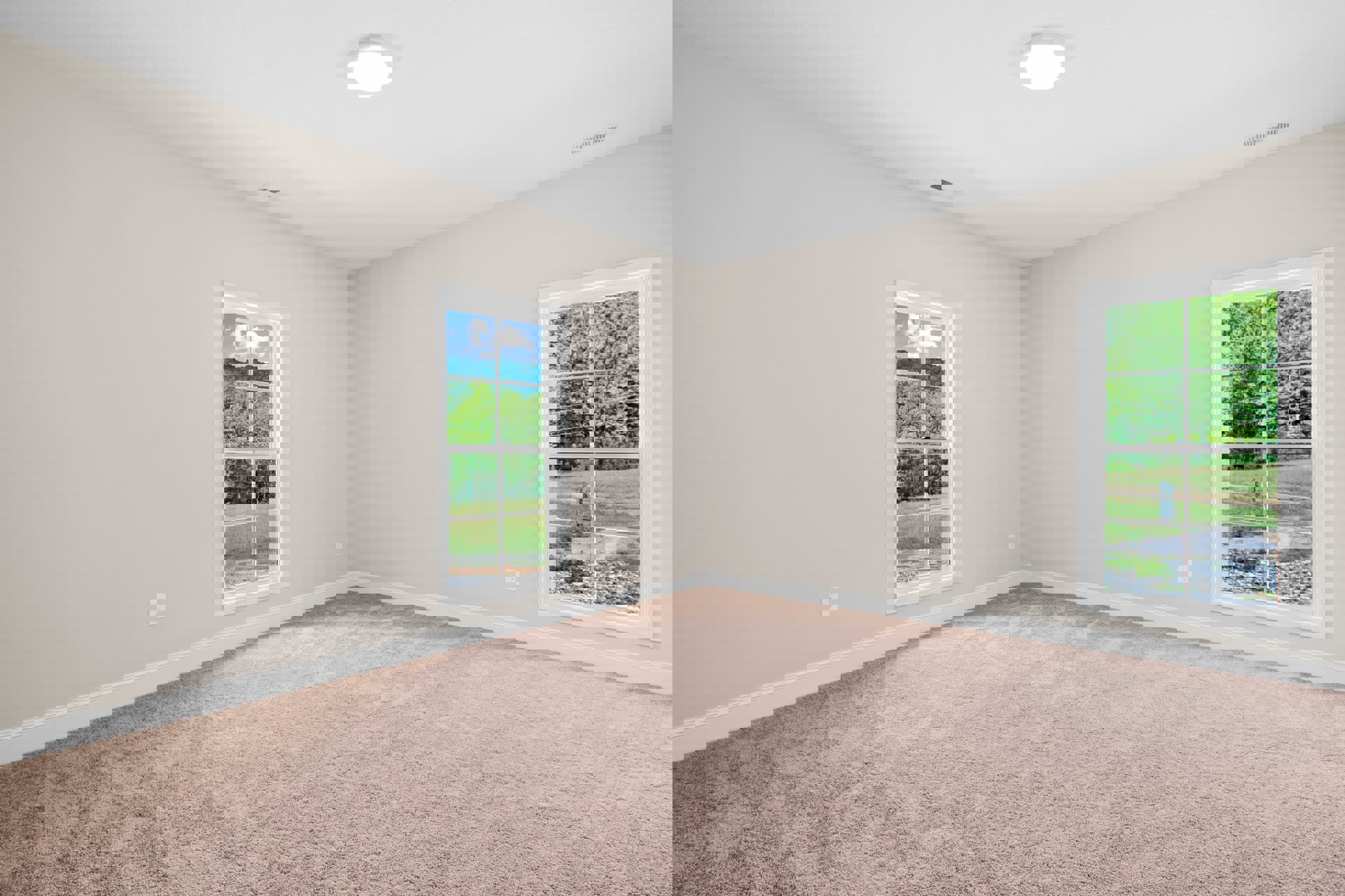 Carpeted room with large windows, white ceiling light fixture, view of trees, grass, and cemetery through the window