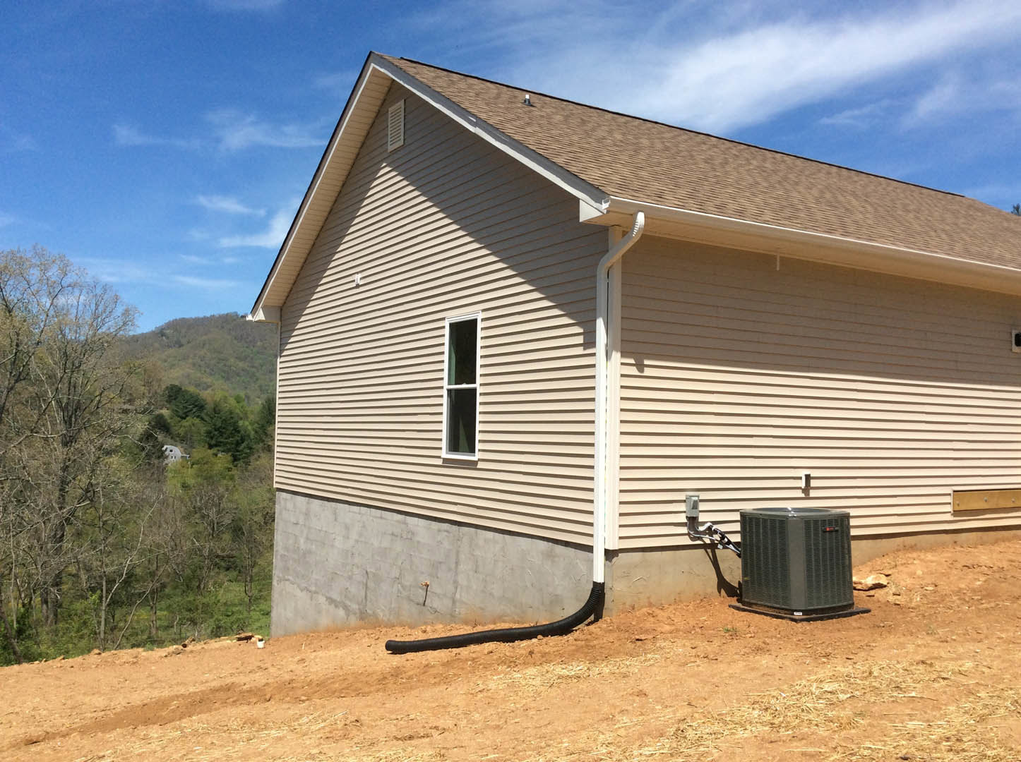 White siding house with green window frame, large heat pump unit and black drainpipe on exterior wall, tree in foreground, cloudy sky overhead