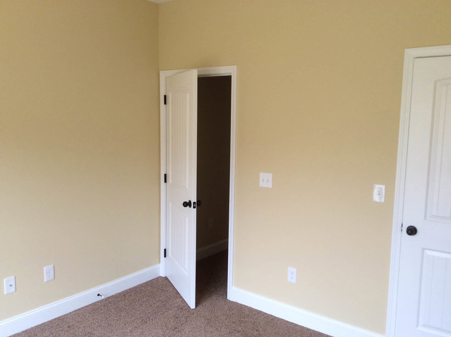 White paneled door with black knobs open in a room, white walls with matching trim, light switch visible on the wall, hardwood flooring