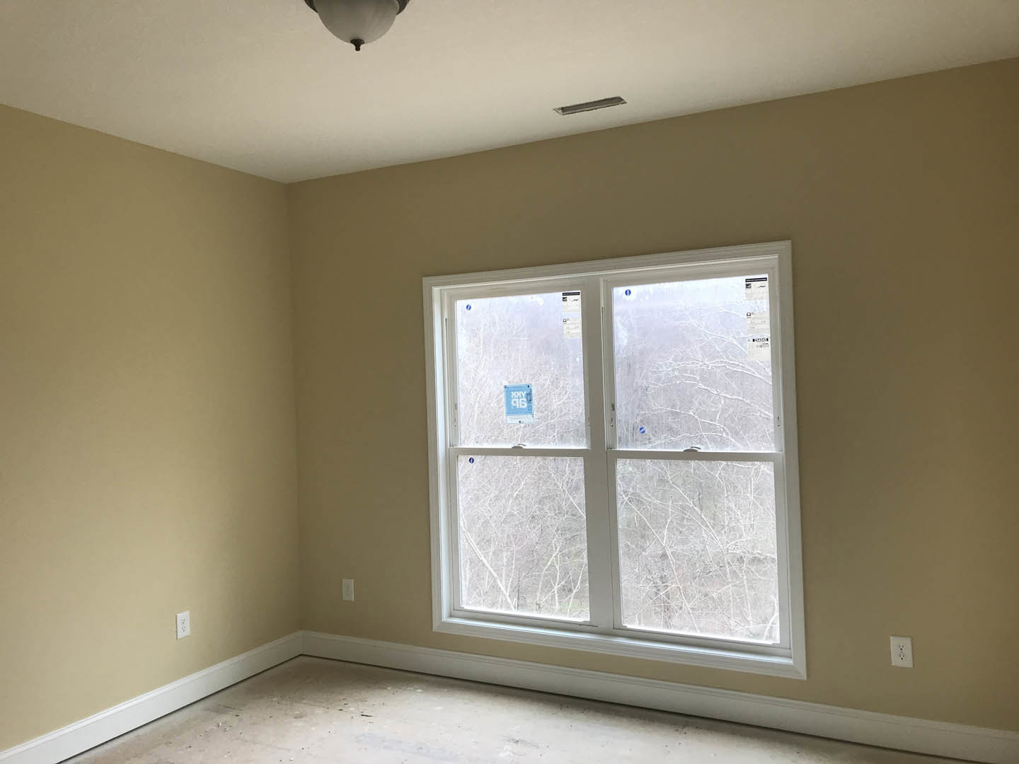 White-walled room featuring a large window with a white frame, white baseboards, smooth plaster surfaces, and a modern ceiling light fixture.