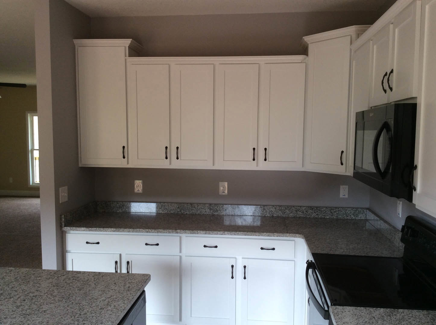 White kitchen cabinets with black handles, granite countertops, built-in black microwave, white door with black border and handle, stainless steel sink, light-colored walls.