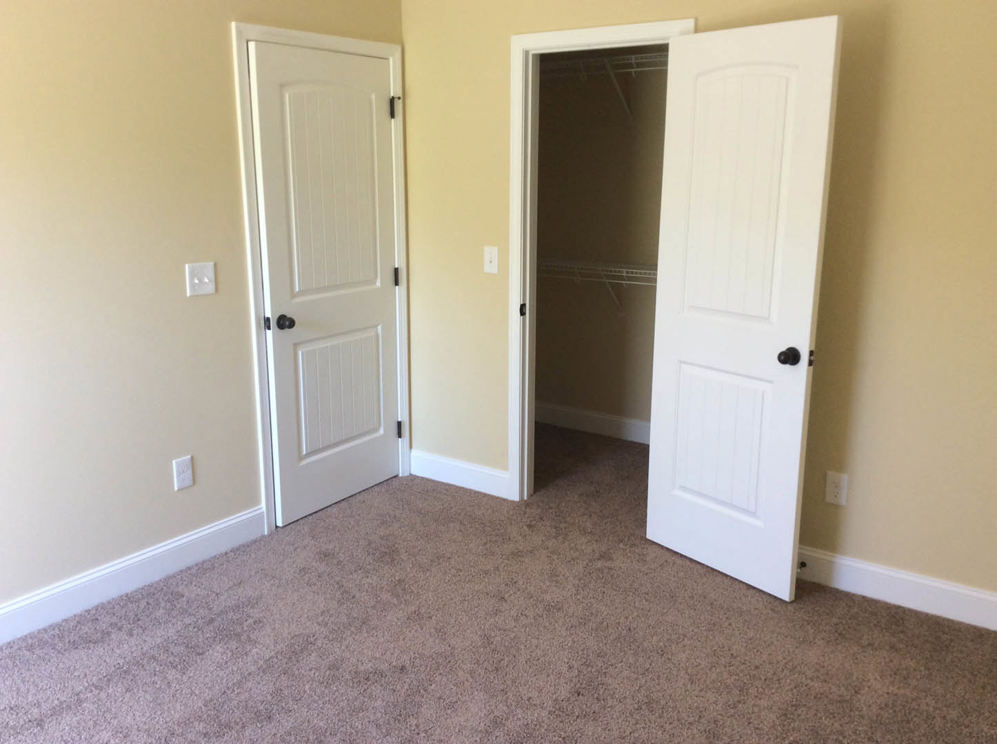White closet door with black knob, carpeted floor, white baseboard trim, white wall with square electrical outlet
