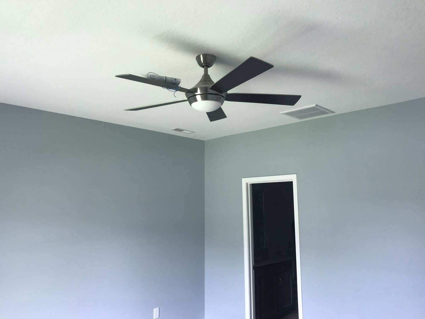 Ceiling fan with integrated light fixture mounted on white ceiling above black door with white trim in a residential room